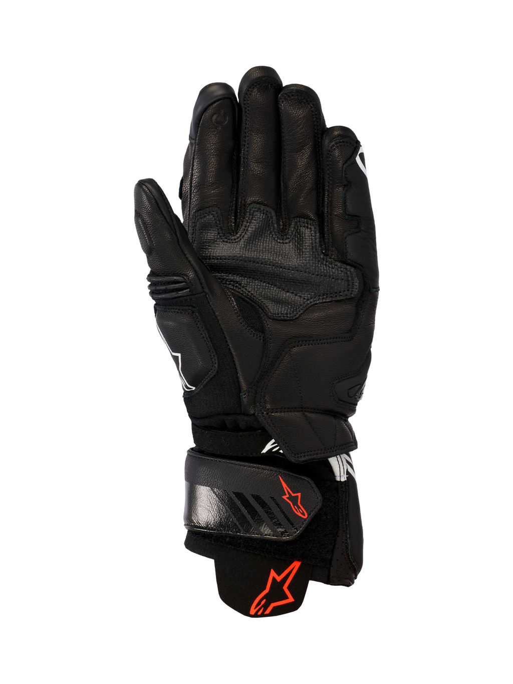 Skórzane rękawice Alpinestars GP Plus R V3, czarne, widok od strony dłoni pokazujący trwałą skórzaną konstrukcję, czerwone logo Astars na pasku nadgarstka i mankiecie, wzmocnione panele chwytne, regulowane zapięcie do jazdy wyścigowej i sportowej.