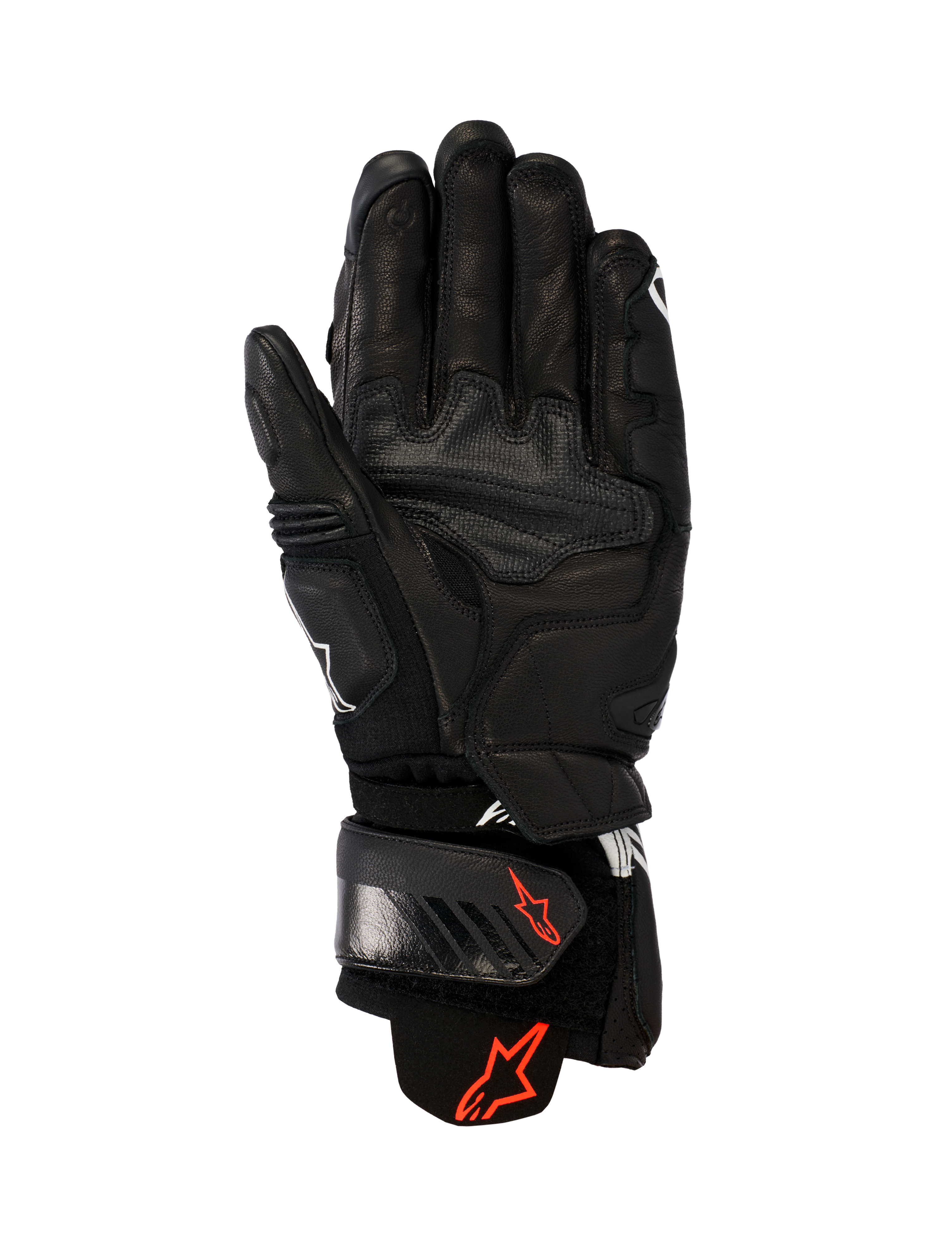 Skórzane rękawice Alpinestars GP Plus R V3, czarne, widok od strony dłoni pokazujący trwałą skórzaną konstrukcję, czerwone logo Astars na pasku nadgarstka i mankiecie, wzmocnione panele chwytne, regulowane zapięcie do jazdy wyścigowej i sportowej.