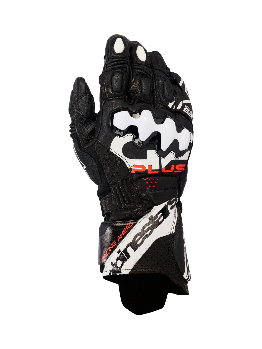 Alpinestars GP Plus R V3 Leather Gloves, motocyklowe rękawice wyścigowe, czarne z białymi i czerwonymi akcentami, białe ochraniacze kostek DFS, perforowana skóra zapewniająca oddychalność, wyraźne logo Alpinestars na mankiecie