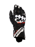 Alpinestars GP Plus R V3 Leather Gloves, motocyklowe rękawice wyścigowe, czarne z białymi i czerwonymi akcentami, białe ochraniacze kostek DFS, perforowana skóra zapewniająca oddychalność, wyraźne logo Alpinestars na mankiecie