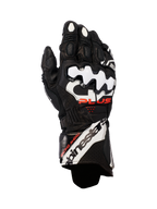 Alpinestars GP Plus R V3 Leather Gloves, motocyklowe rękawice wyścigowe, czarne z białymi i czerwonymi akcentami, białe ochraniacze kostek DFS, perforowana skóra zapewniająca oddychalność, wyraźne logo Alpinestars na mankiecie