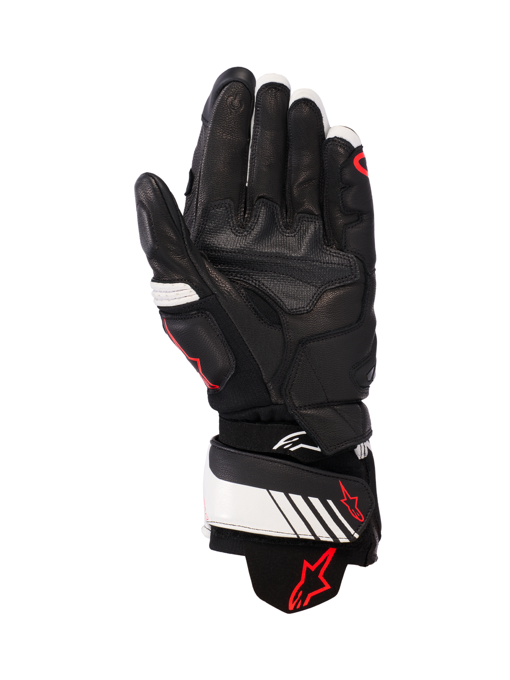 Alpinestars GP Plus R v3 Leather Gloves, czarno-biało-czerwone Fluo, widok wewnętrznej strony dłoni prezentujący pełną skórzaną konstrukcję ze wzmocnioną wyściółką, biały pasek na nadgarstku z czerwonym logo Alpinestars, wyścigowy sprzęt ochronny dla motocyklistów