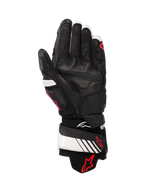 Alpinestars GP Plus R v3 Leather Gloves, czarno-biało-czerwone Fluo, widok wewnętrznej strony dłoni prezentujący pełną skórzaną konstrukcję ze wzmocnioną wyściółką, biały pasek na nadgarstku z czerwonym logo Alpinestars, wyścigowy sprzęt ochronny dla motocyklistów