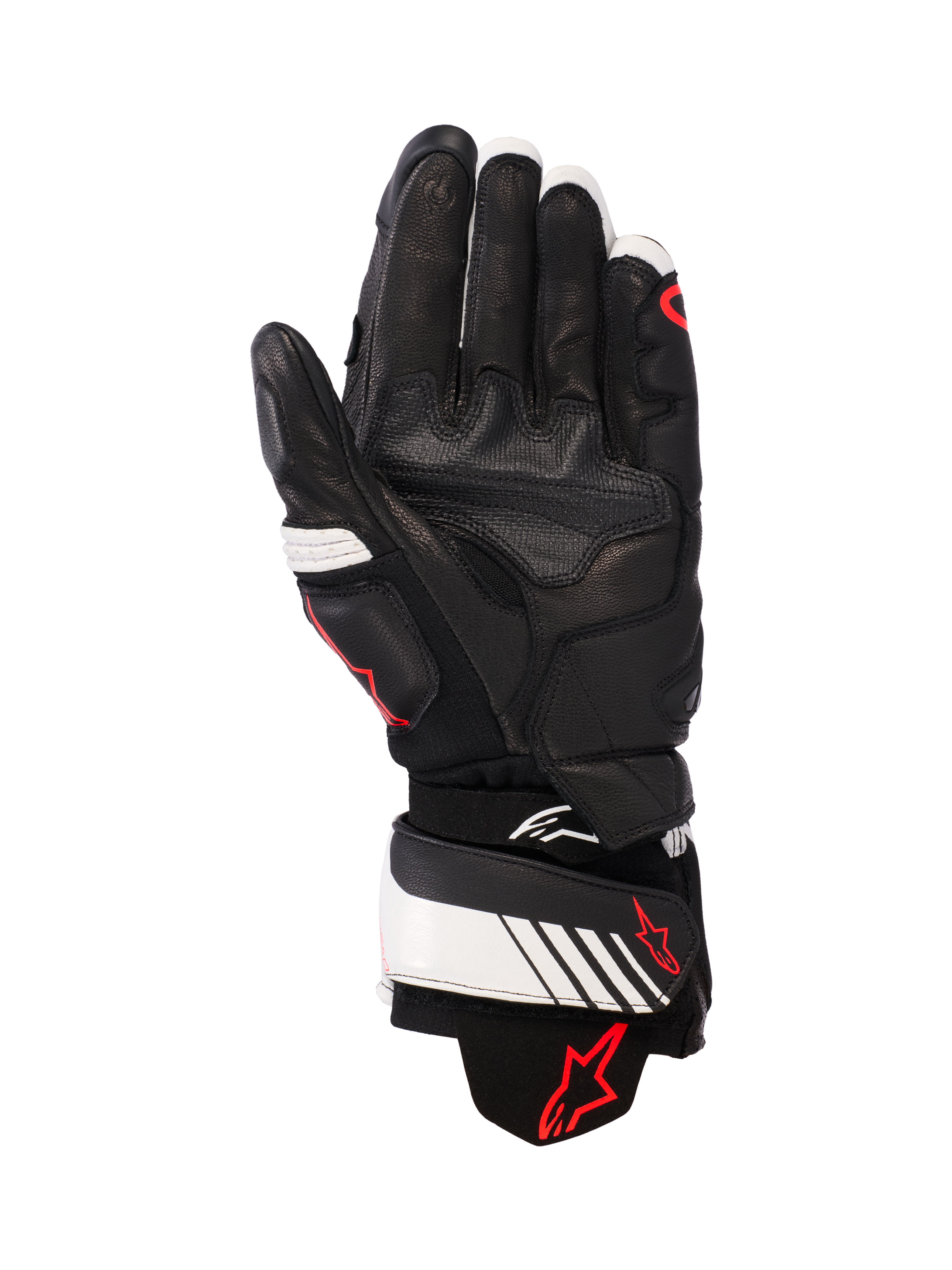 Alpinestars GP Plus R v3 Leather Gloves, czarno-biało-czerwone Fluo, widok wewnętrznej strony dłoni prezentujący pełną skórzaną konstrukcję ze wzmocnioną wyściółką, biały pasek na nadgarstku z czerwonym logo Alpinestars, wyścigowy sprzęt ochronny dla motocyklistów