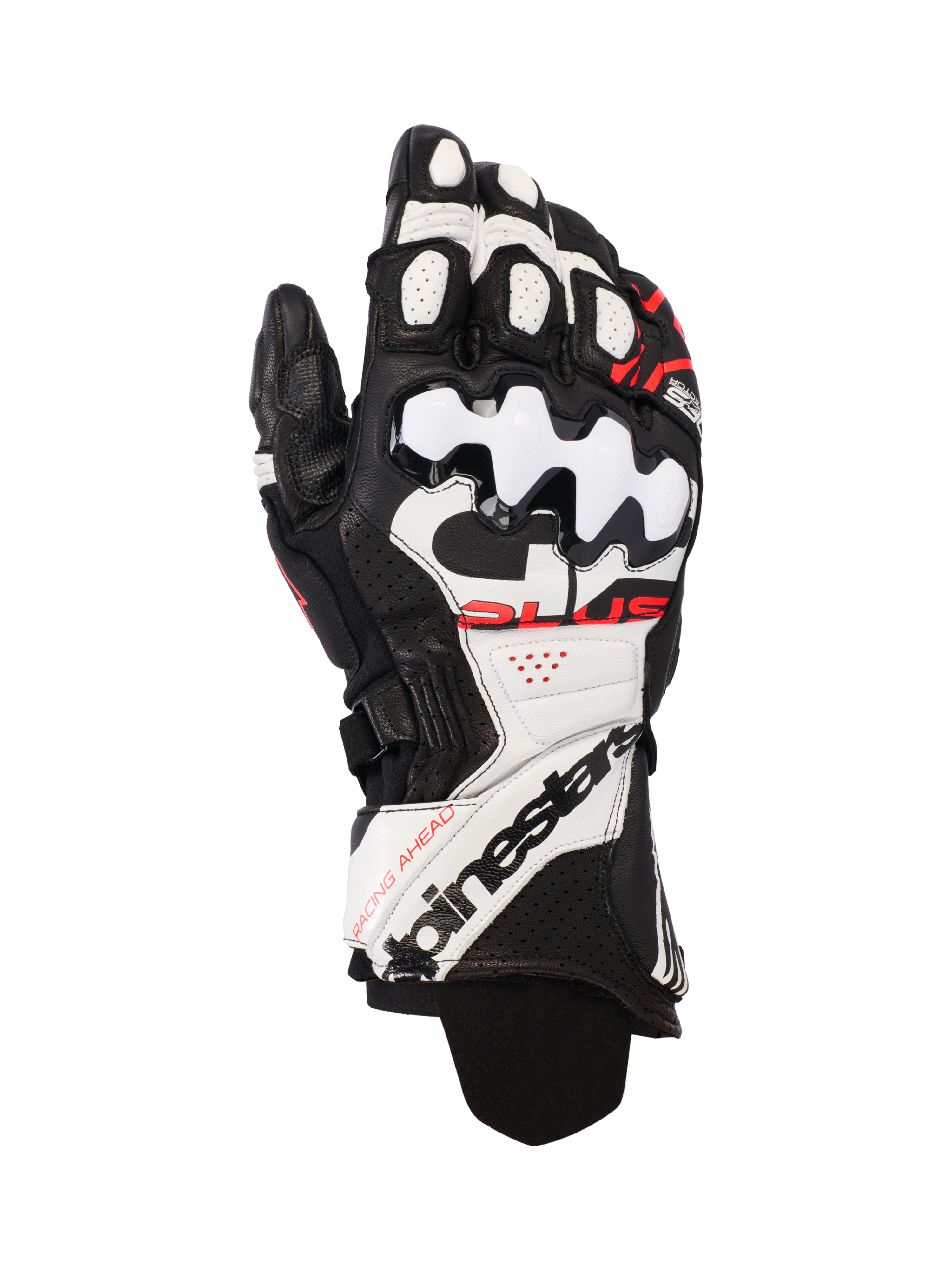Alpinestars GP Plus R V3 Leather Gloves, motocyklowe rękawice wyścigowe, czarne, białe i czerwone fluo, skórzana konstrukcja premium z twardą ochroną kostek TPU, perforowane panele wentylacyjne, wyraźne logo na przedłużonym mankiecie