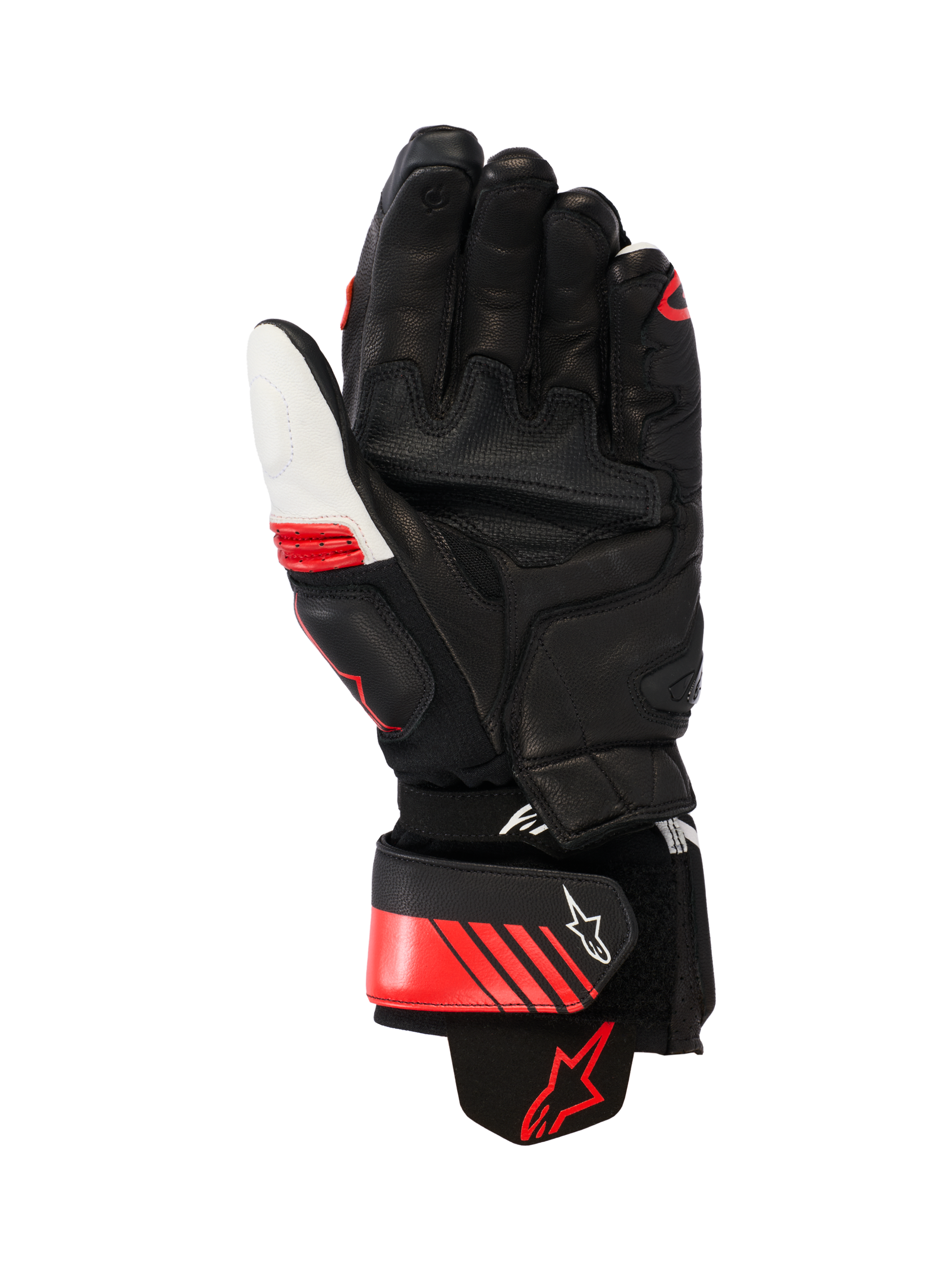 Rękawice skórzane Alpinestars GP Plus R V3, sportowe rękawice motocyklowe, czarne, białe i jaskrawoczerwone, widok od strony dłoni prezentujący wzmocnioną konstrukcję skórzaną, ślizgacze dłoni i aramidowy elastyczny mankiet, z bezpiecznym zapięciem na nadgarstku z logo Alpinestars oraz ergonomicznym, zakrzywionym krojem.