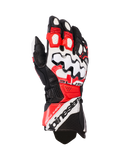 Alpinestars GP Plus R V3 Leather Gloves, motocyklowe rękawice wyścigowe, czarne, białe i jaskrawoczerwone, duży biały ochraniacz kostek z czarnym wzorem fal, perforowane panele skórzane zapewniające wentylację, logo Alpinestars na mankiecie