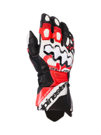 Alpinestars GP Plus R V3 Leather Gloves, motocyklowe rękawice wyścigowe, czarne, białe i jaskrawoczerwone, duży biały ochraniacz kostek z czarnym wzorem fal, perforowane panele skórzane zapewniające wentylację, logo Alpinestars na mankiecie