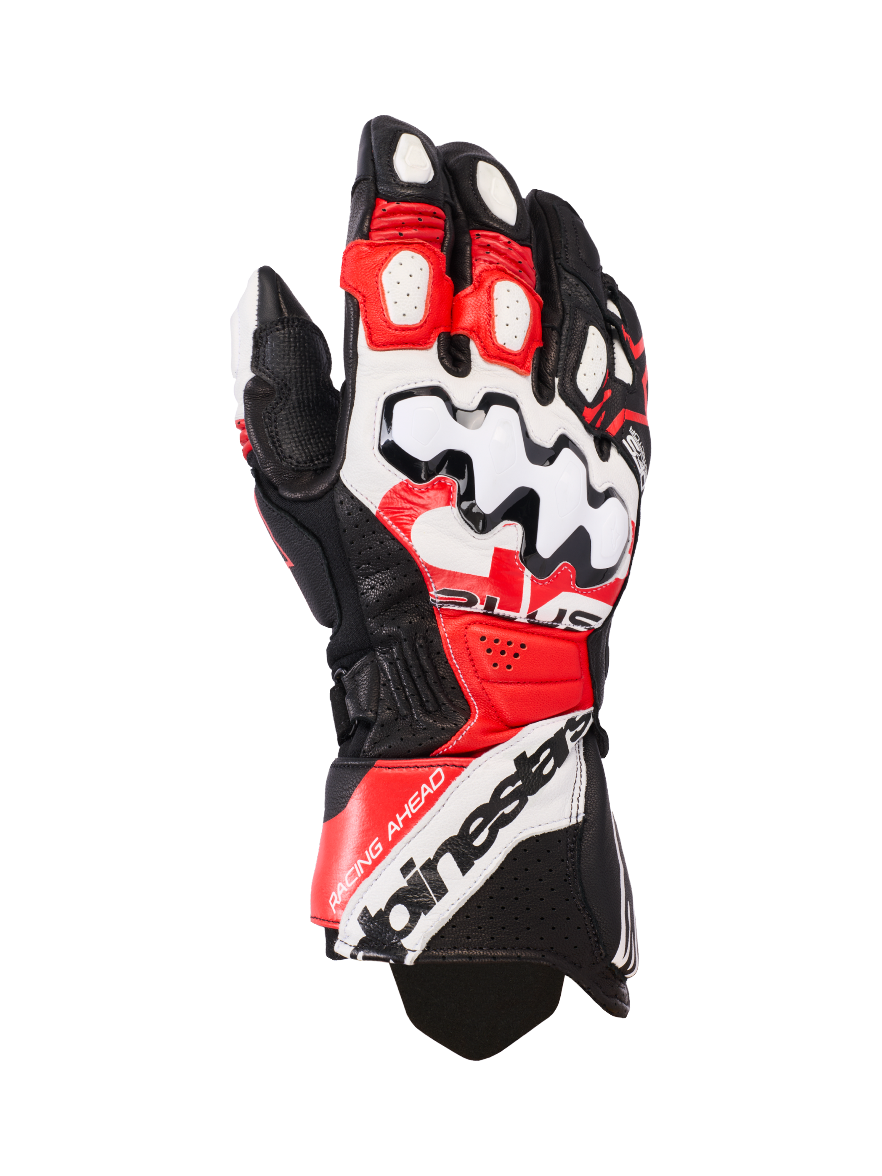 Alpinestars GP Plus R V3 Leather Gloves, motocyklowe rękawice wyścigowe, czarne, białe i jaskrawoczerwone, duży biały ochraniacz kostek z czarnym wzorem fal, perforowane panele skórzane zapewniające wentylację, logo Alpinestars na mankiecie