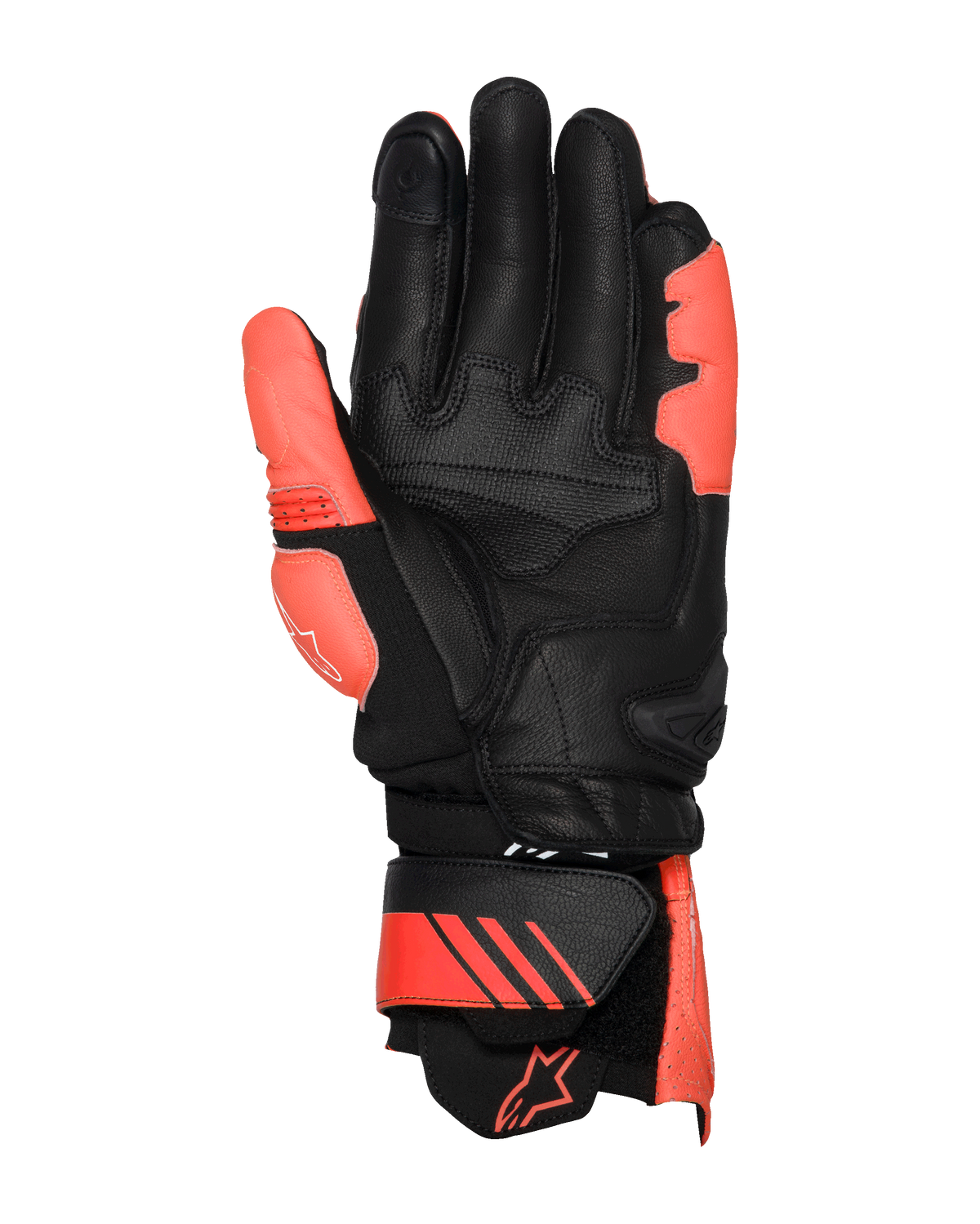 Alpinestars GP Plus R V3 Leather Gloves, skórzane rękawice, jasnoczerwone, czerwone neonowe i czarne, widok od strony dłoni, wzmocniona skórzana dłoń i kciuk, regulowany mankiet z czerwonymi akcentami i logo, profesjonalny design wyścigowy