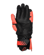 Alpinestars GP Plus R V3 Leather Gloves, skórzane rękawice, jasnoczerwone, czerwone neonowe i czarne, widok od strony dłoni, wzmocniona skórzana dłoń i kciuk, regulowany mankiet z czerwonymi akcentami i logo, profesjonalny design wyścigowy