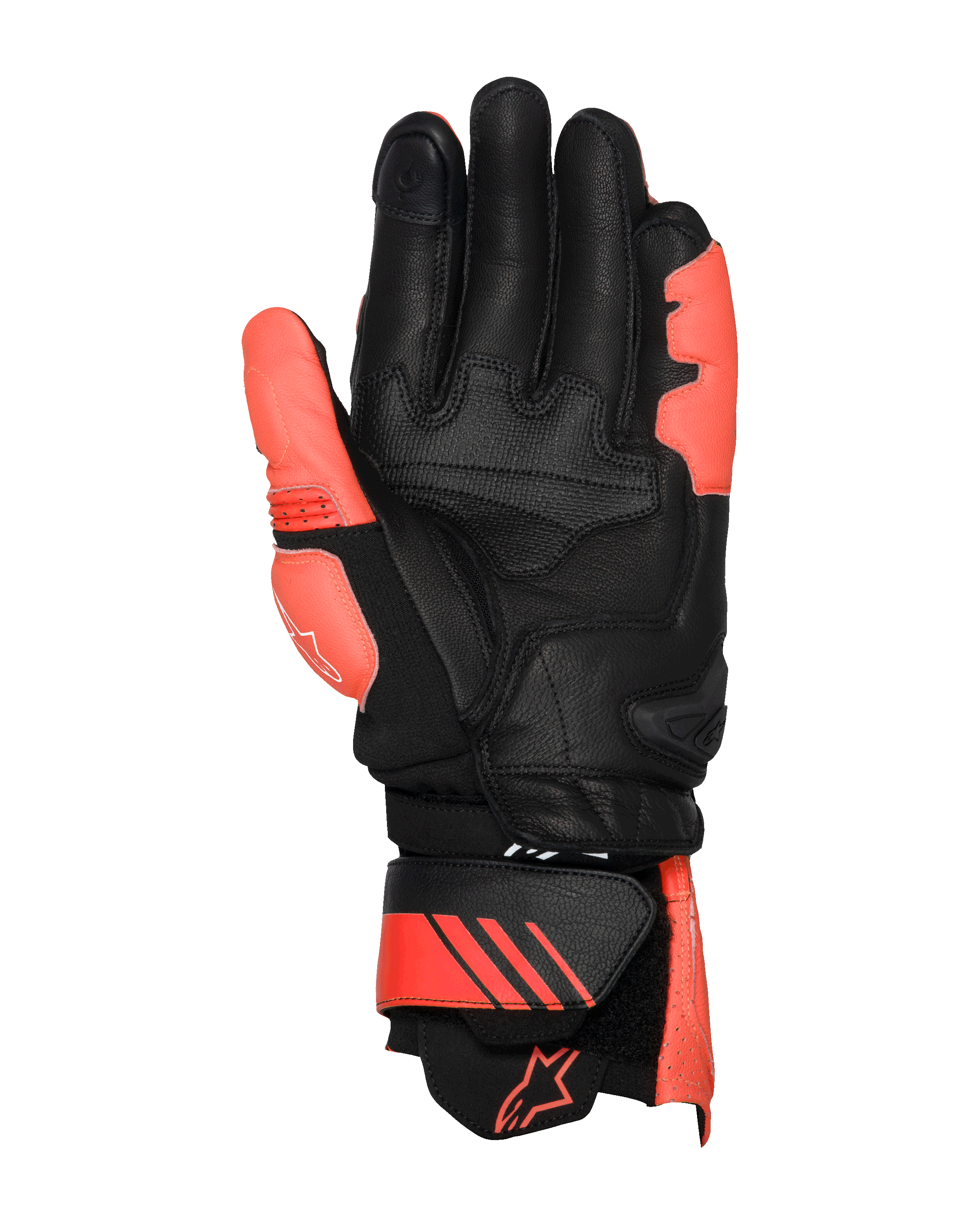 Alpinestars GP Plus R V3 Leather Gloves, skórzane rękawice, jasnoczerwone, czerwone neonowe i czarne, widok od strony dłoni, wzmocniona skórzana dłoń i kciuk, regulowany mankiet z czerwonymi akcentami i logo, profesjonalny design wyścigowy