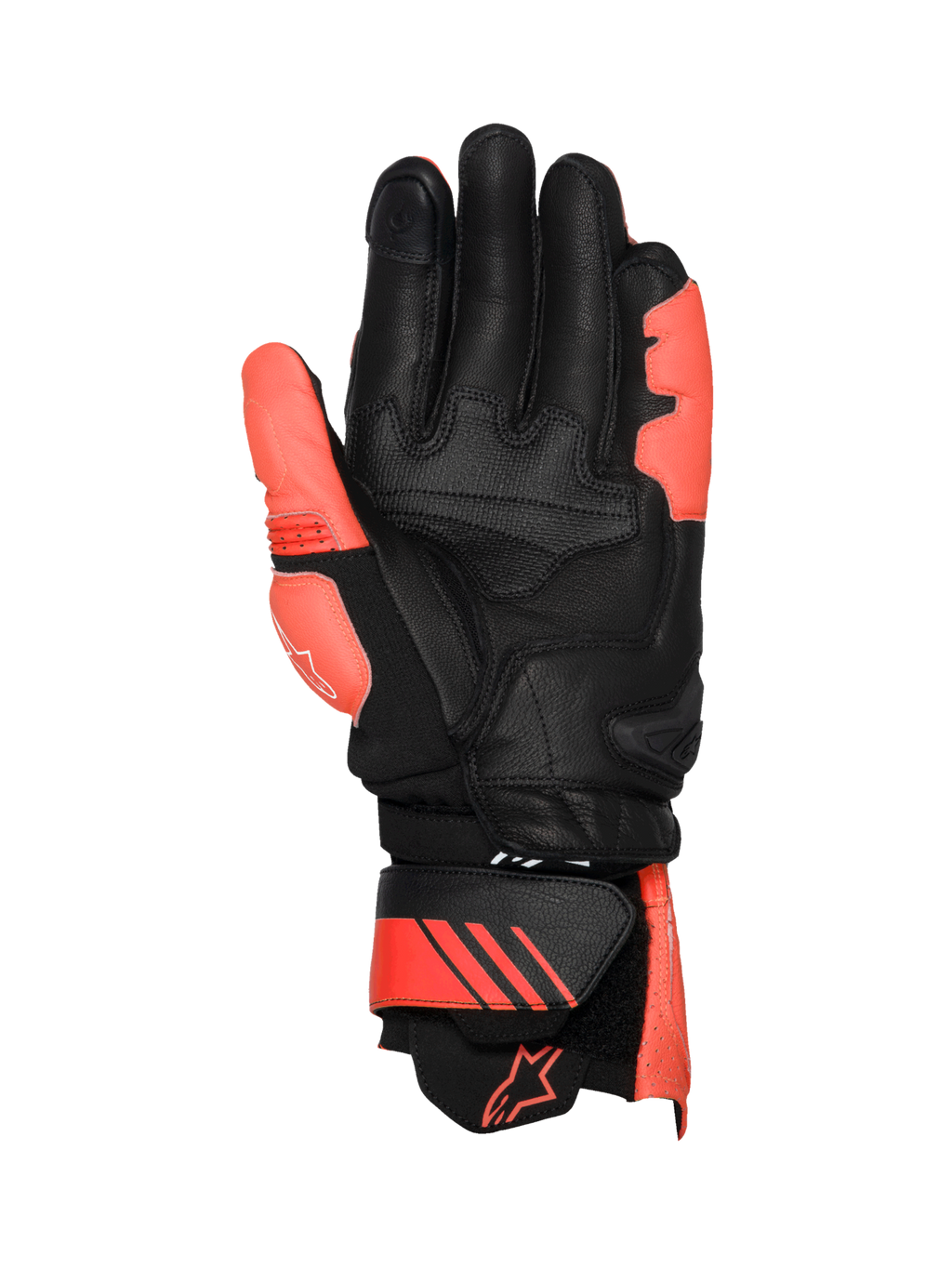 Alpinestars GP Plus R V3 Men's Leather Gloves in black and red fluo, featuring a protective TPU palm slider for racing.