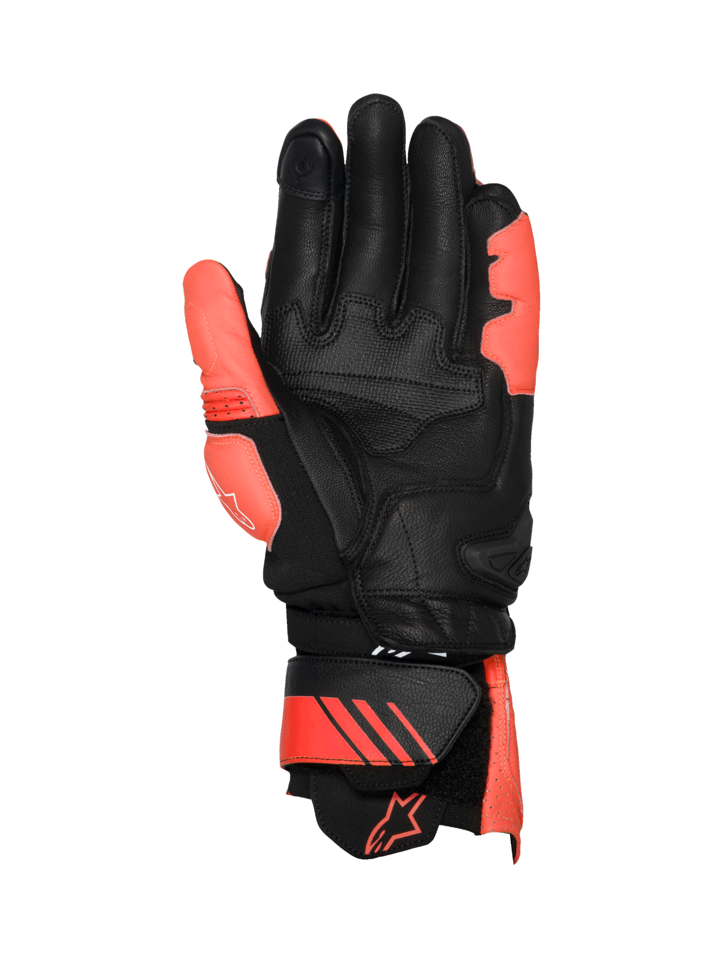Alpinestars GP Plus R V3 Men's Leather Gloves in black and red fluo, featuring a protective TPU palm slider for racing.