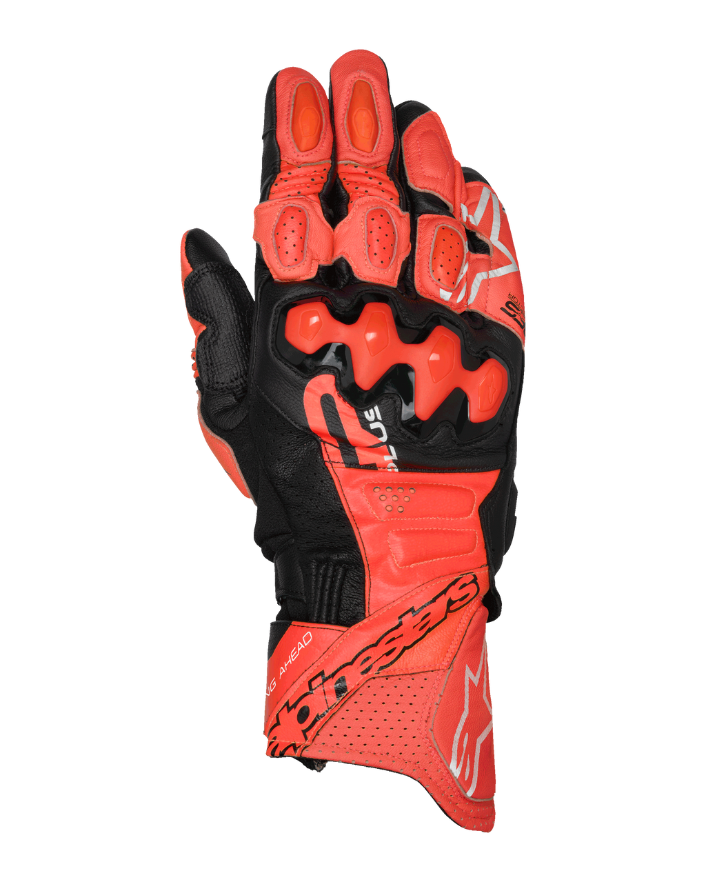 Alpinestars GP Plus R V3 Leather Gloves, wyścigowe rękawice motocyklowe, jaskrawoczerwone, czerwone fluo i czarne, widok z góry przedstawiający konstrukcję ze skóry premium z ochraniaczami kostek TPU o podwójnej gęstości, perforowaną wentylacją, ślizgaczami na palcach i wyraźnym logo Alpinestars na mankiecie.