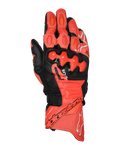 Alpinestars GP Plus R V3 Leather Gloves, wyścigowe rękawice motocyklowe, jaskrawoczerwone, czerwone fluo i czarne, widok z góry przedstawiający konstrukcję ze skóry premium z ochraniaczami kostek TPU o podwójnej gęstości, perforowaną wentylacją, ślizgaczami na palcach i wyraźnym logo Alpinestars na mankiecie.