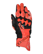 Alpinestars GP Plus R V3 Leather Gloves, wyścigowe rękawice motocyklowe, jaskrawoczerwone, czerwone fluo i czarne, widok z góry przedstawiający konstrukcję ze skóry premium z ochraniaczami kostek TPU o podwójnej gęstości, perforowaną wentylacją, ślizgaczami na palcach i wyraźnym logo Alpinestars na mankiecie.