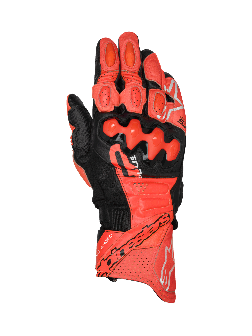 Alpinestars GP Plus R V3 Leather Gloves, red and black racing motorcycle gloves with TPU knuckle protection, CE certified.