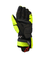 Skórzane rękawice Alpinestars GP Plus R V3, wyścigowe i sportowe rękawice motocyklowe, żółte fluo i czarne, widok od strony dłoni przedstawiający skórzaną konstrukcję, wzmocnione strefy chwytu i regulowane paski mankietów z logo Alpinestars, wysokiej klasy sprzęt torowy