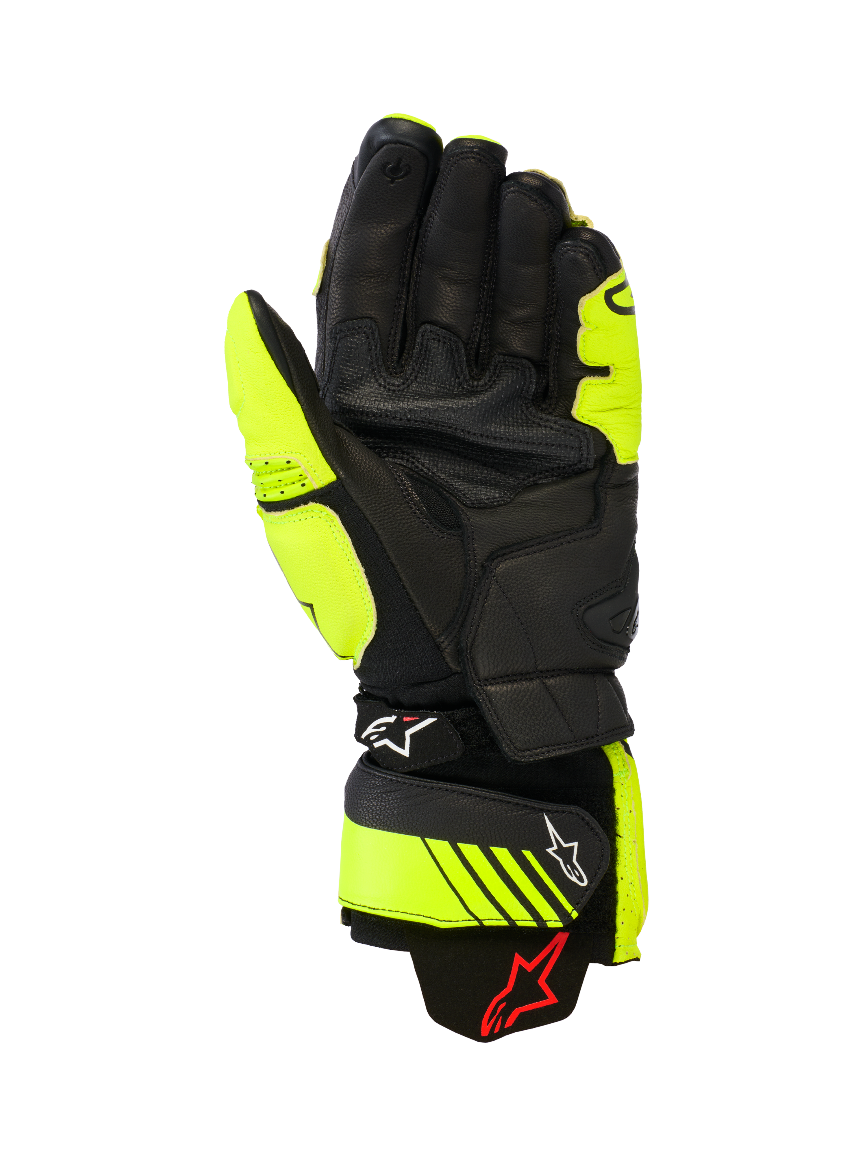 Skórzane rękawice Alpinestars GP Plus R V3, wyścigowe i sportowe rękawice motocyklowe, żółte fluo i czarne, widok od strony dłoni przedstawiający skórzaną konstrukcję, wzmocnione strefy chwytu i regulowane paski mankietów z logo Alpinestars, wysokiej klasy sprzęt torowy