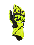 Alpinestars GP Plus R V3 Leather Gloves, skórzane rękawice motocyklowe wyścigowe, żółte fluo i czarne, twarde ochraniacze kostek, perforowane strefy wentylacji, bezpieczne zapięcie mankietu, wyraźny branding