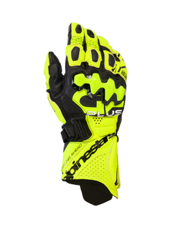 Alpinestars GP Plus R V3 Leather Gloves, skórzane rękawice motocyklowe wyścigowe, żółte fluo i czarne, twarde ochraniacze kostek, perforowane strefy wentylacji, bezpieczne zapięcie mankietu, wyraźny branding