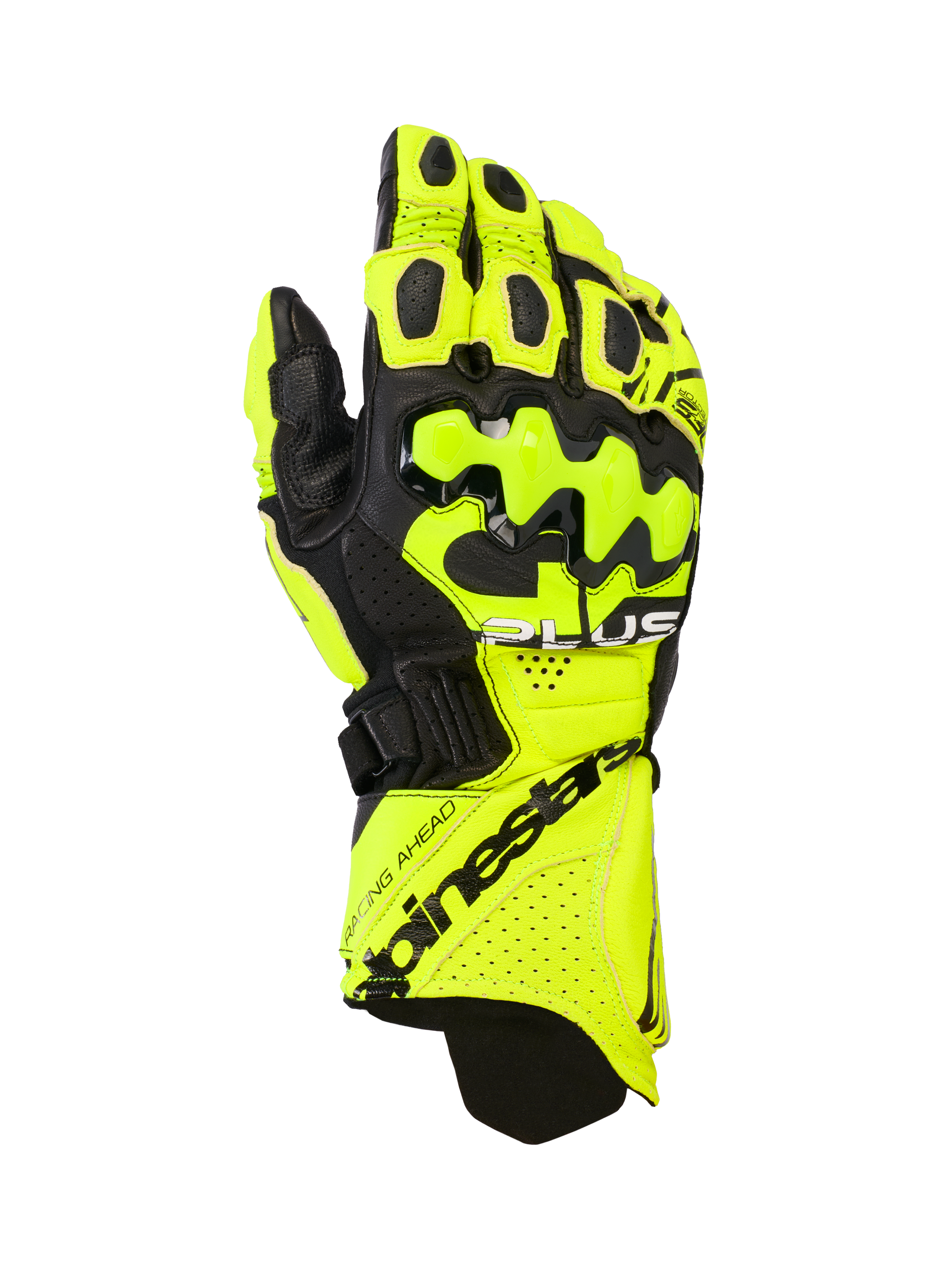 Alpinestars GP Plus R V3 Leather Gloves, skórzane rękawice motocyklowe wyścigowe, żółte fluo i czarne, twarde ochraniacze kostek, perforowane strefy wentylacji, bezpieczne zapięcie mankietu, wyraźny branding