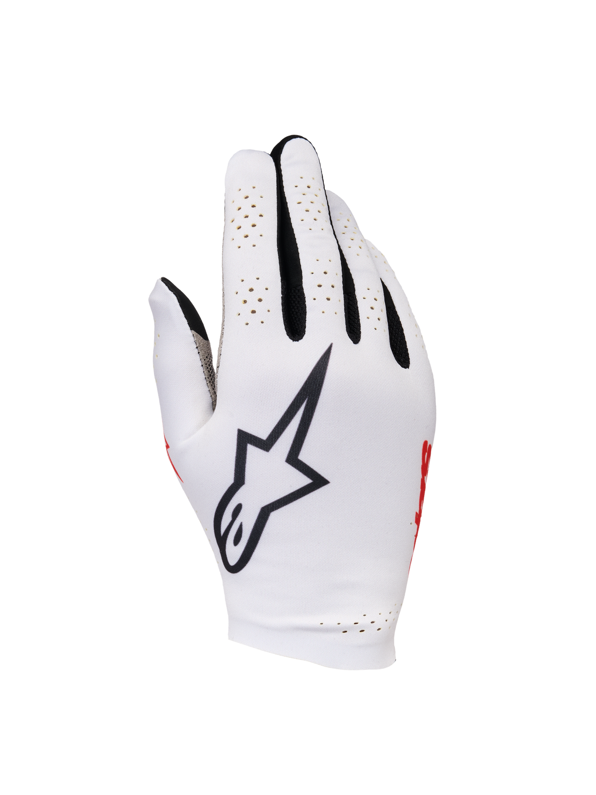Alpinestars Sim Gloves Graphic 1, rękawice do wyścigów SIM, kolor Silver Ice z czarnymi i czerwonymi akcentami, z wyraźnym czarnym logo gwiazdy na wierzchu dłoni, perforowane panele na palcach zapewniające wentylację, lekka tekstylna konstrukcja dla precyzji podczas grania.