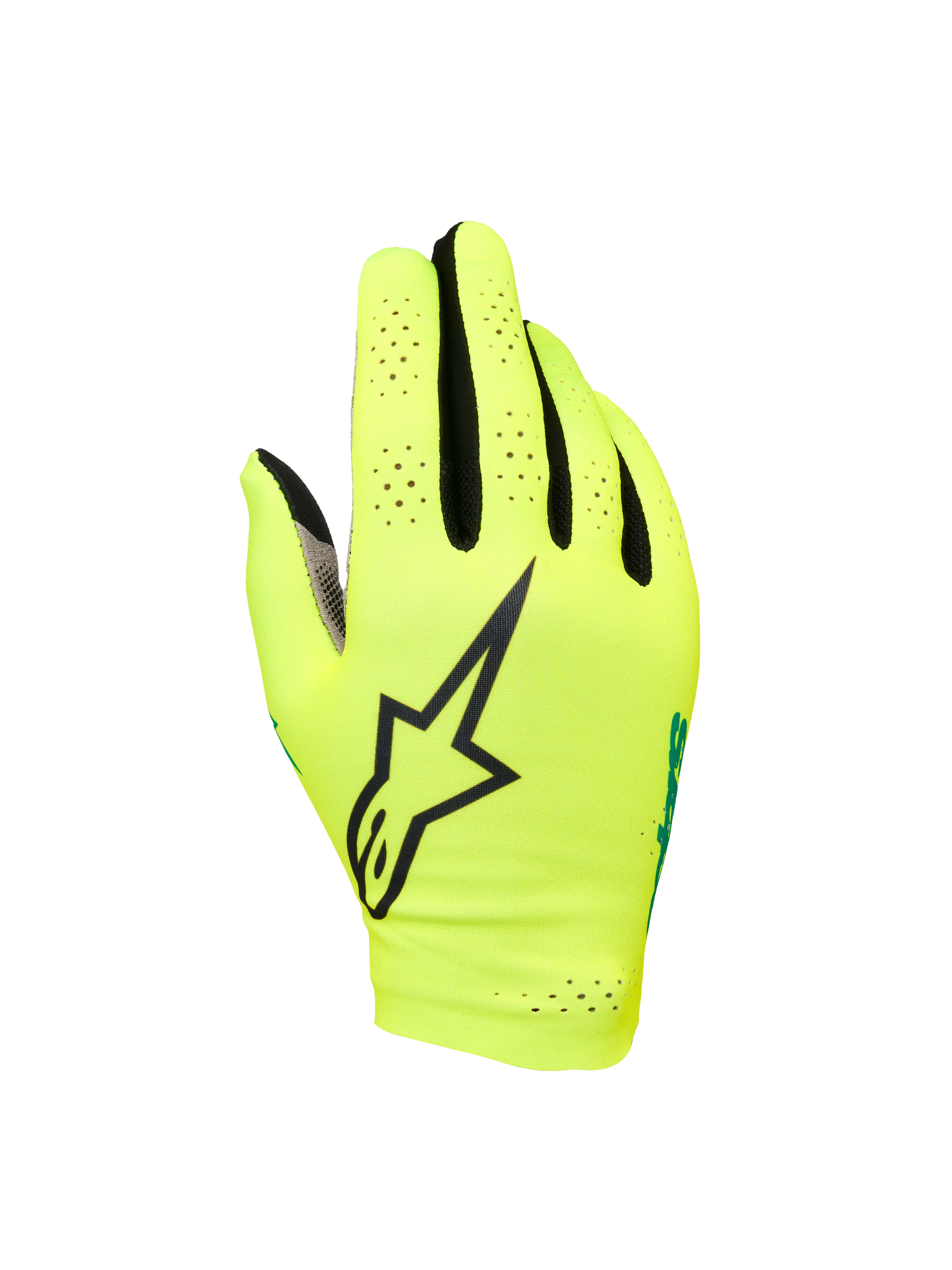 Alpinestars Sim Gloves Graphic 1, rękawice do wyścigów SIM, jaskrawożółte i czarne z turkusowymi akcentami, duże czarne logo gwiazdy, perforowany lekki elastyczny materiał dla wentylacji, krótki mankiet zapewniający precyzję podczas grania