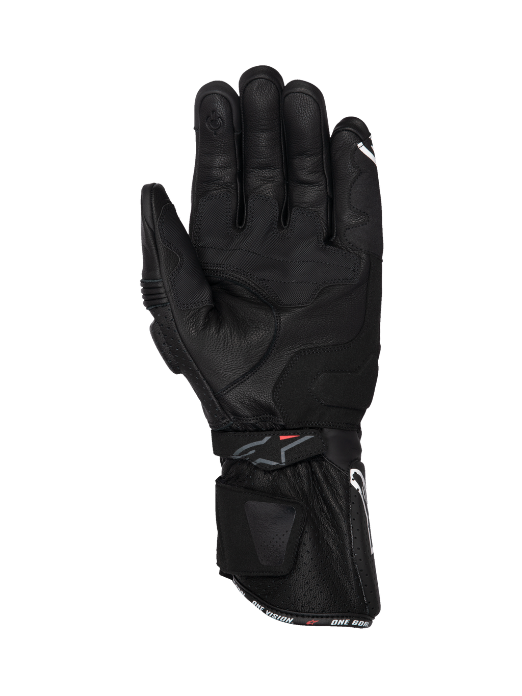 Rękawice Alpinestars SP-3, męskie rękawice motocyklowe wyścigowe, czarne, skórzane, widok wnętrza dłoni z długim mankietem, wzmocnionym chwytem i końcówką E-touch.
