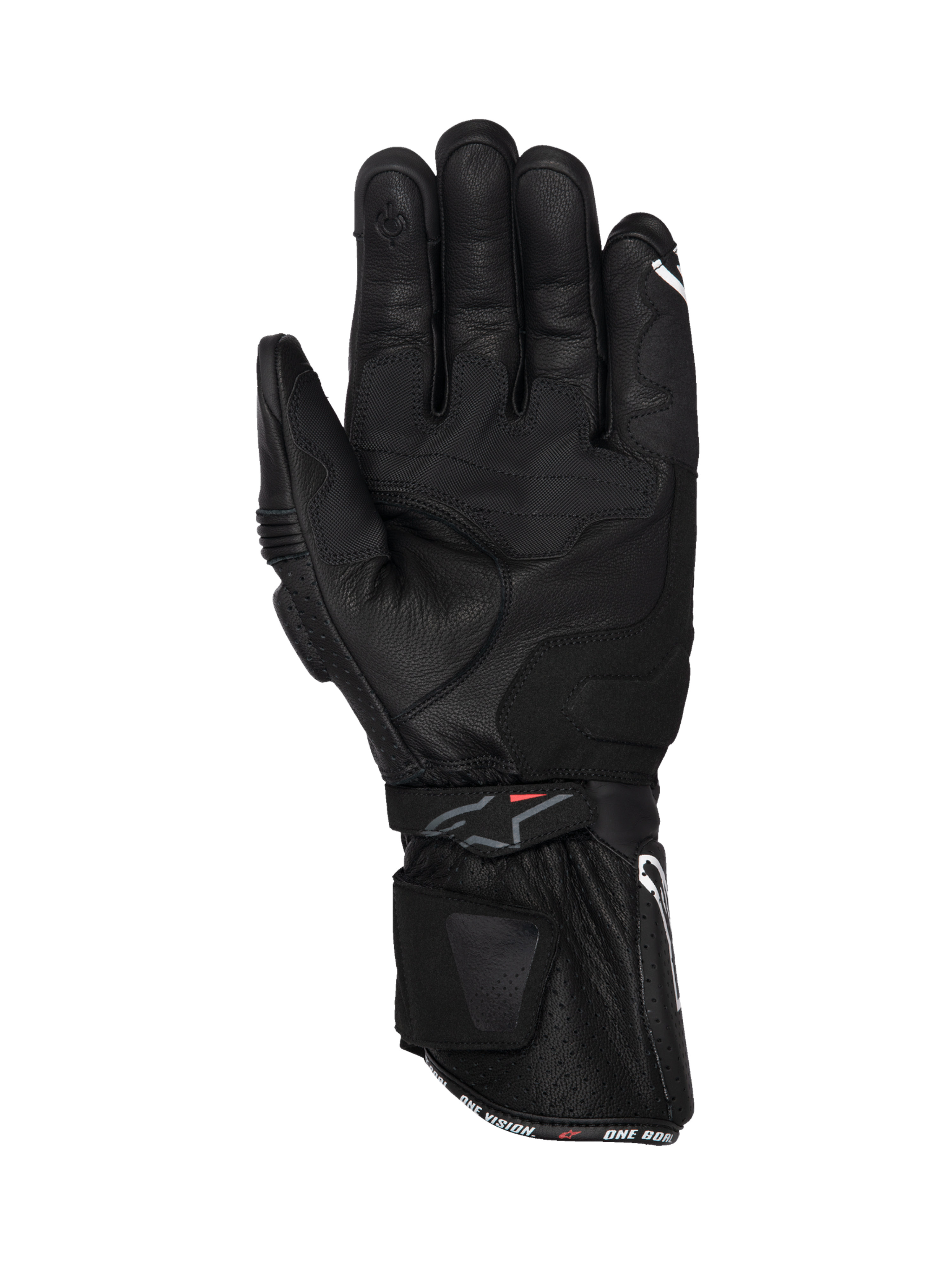 Rękawice Alpinestars SP-3, męskie rękawice motocyklowe wyścigowe, czarne, skórzane, widok wnętrza dłoni z długim mankietem, wzmocnionym chwytem i końcówką E-touch.