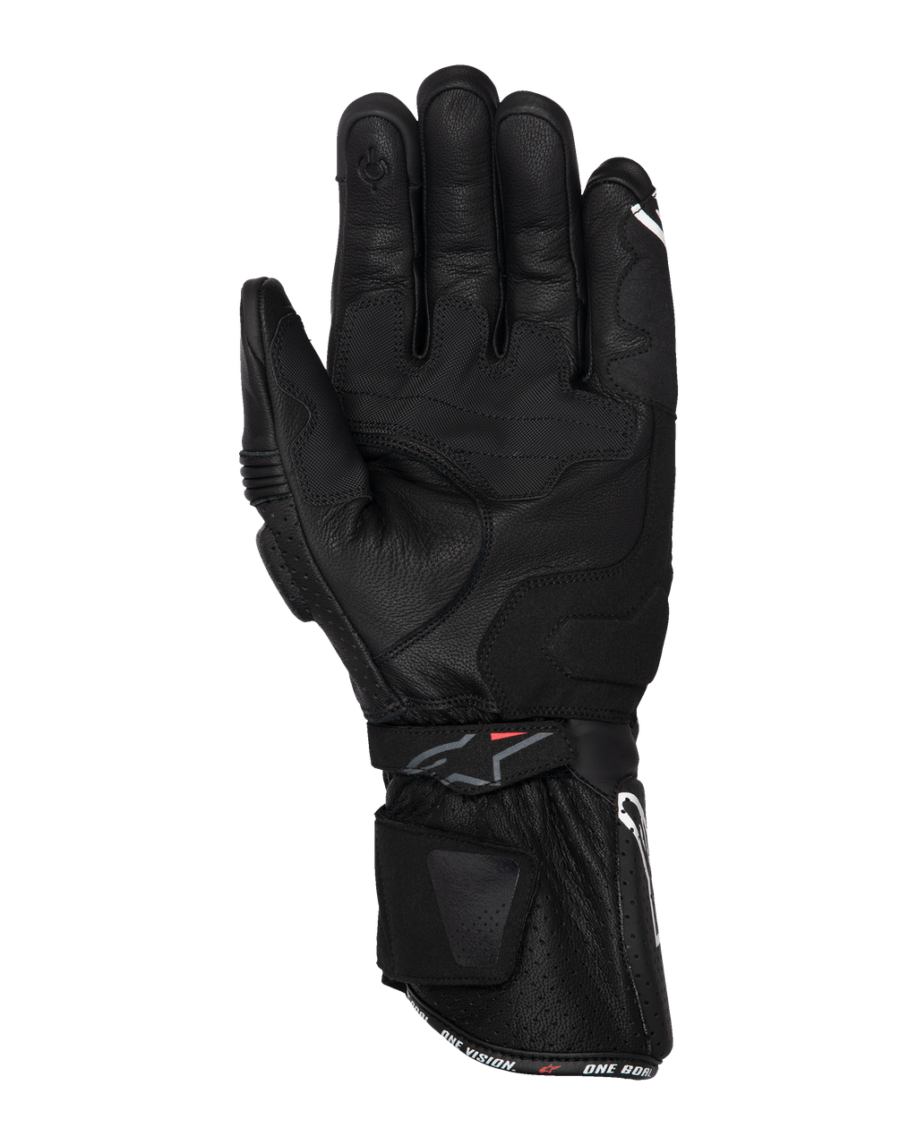 Alpinestars SP-3 Gloves, Black Motorcycle Gloves, palm view featuring full leather construction, long gauntlet cuff with dual closure system, palm grip reinforcements, and touchscreen-compatible fingertip, racing-inspired road gear