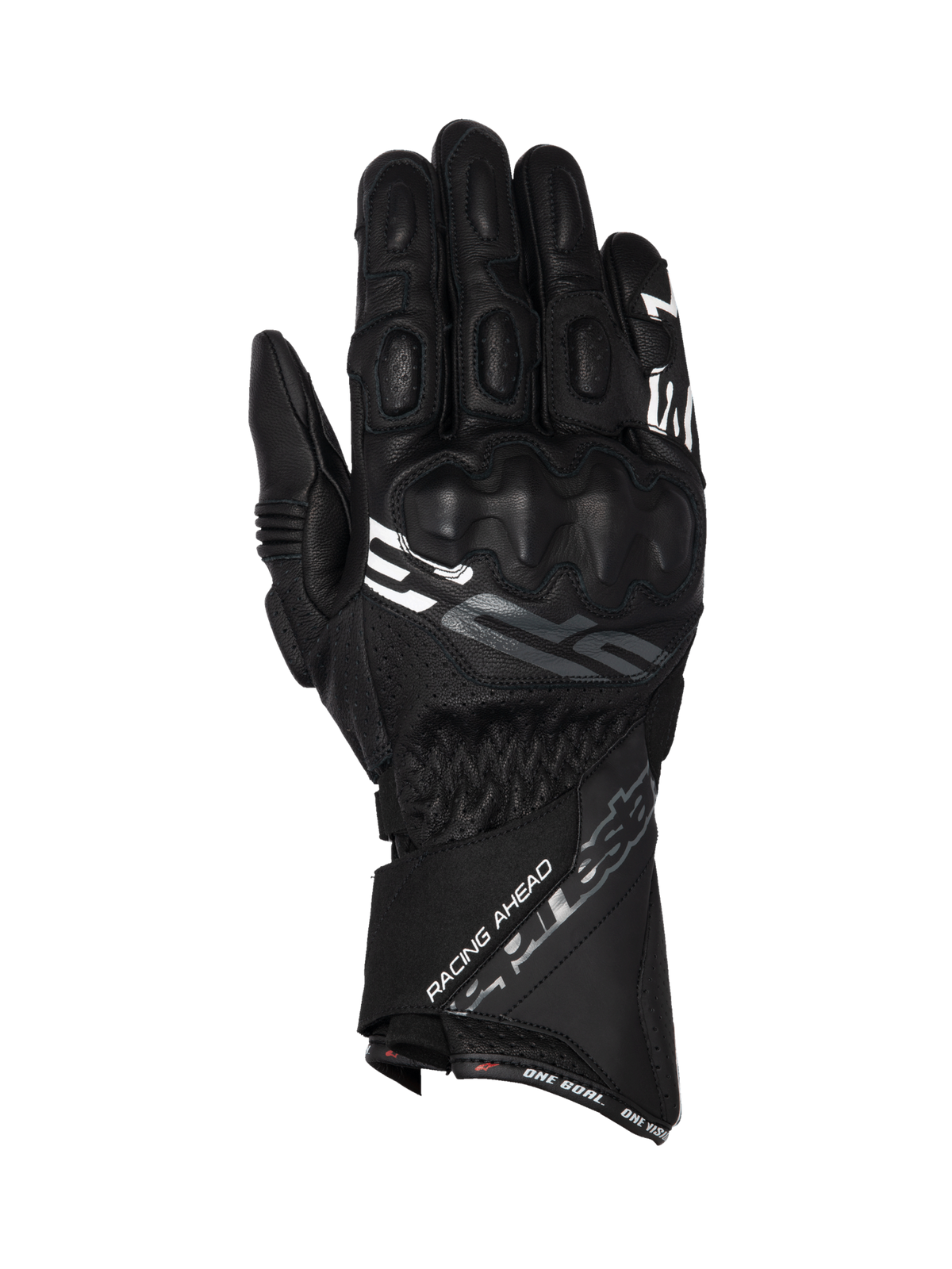 Alpinestars SP-3, czarne skórzane rękawice motocyklowe wyścigowe z długim mankietem i zintegrowaną ochroną kostek.
