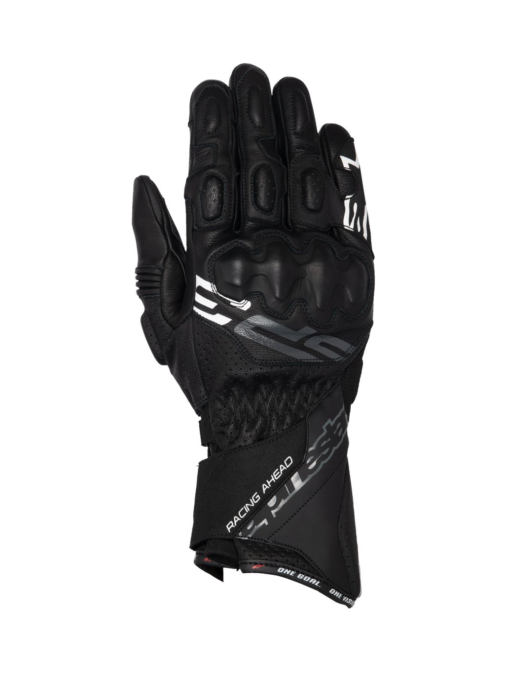 Alpinestars SP-3, czarne skórzane rękawice motocyklowe wyścigowe z długim mankietem i zintegrowaną ochroną kostek.