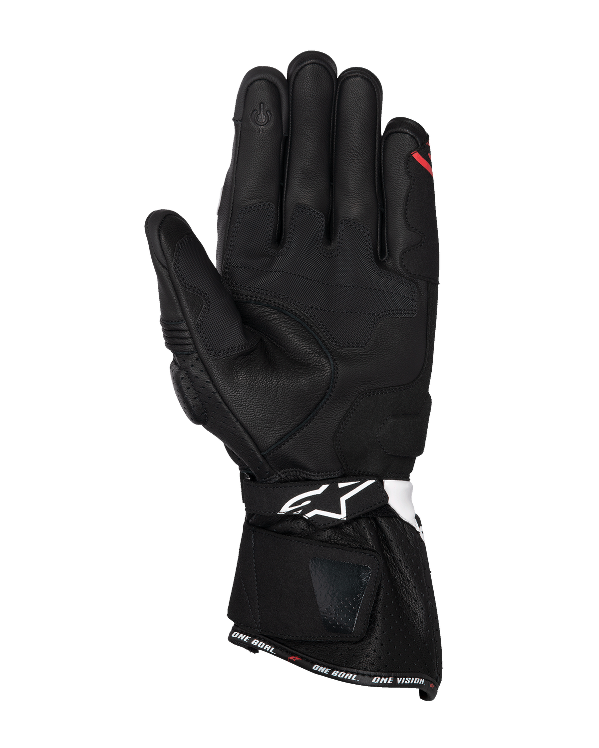 Alpinestars SP-3 Gloves, Black leather motorcycle gloves, palm view featuring reinforced grip panels, touchscreen-compatible index finger, long cuff with white logo on the wrist strap and 'ONE GOAL. ONE VISION.' branding on the hem.