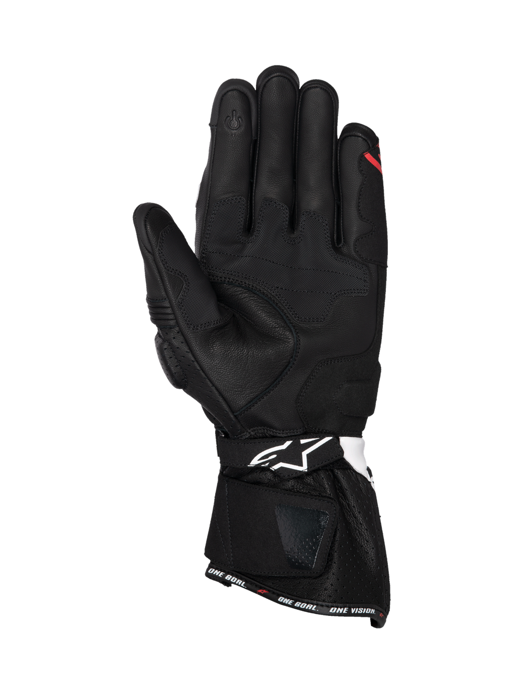 Alpinestars SP-3, męskie rękawice motocyklowe wyścigowe, czarne z białymi i czerwonymi akcentami, skórzany widok dłoni, końcówka do obsługi ekranów dotykowych