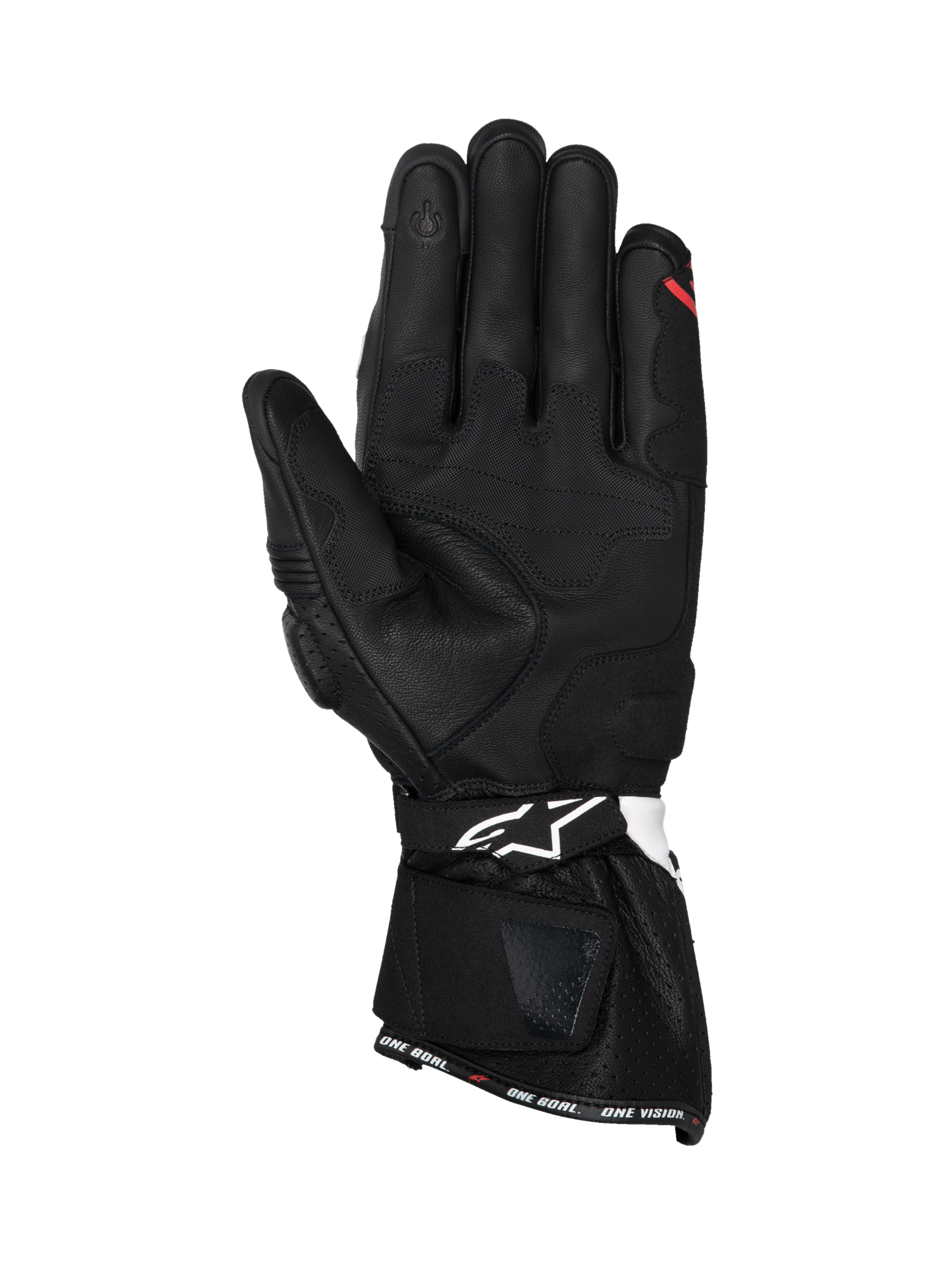 Alpinestars SP-3, męskie rękawice motocyklowe wyścigowe, czarne z białymi i czerwonymi akcentami, skórzany widok dłoni, końcówka do obsługi ekranów dotykowych