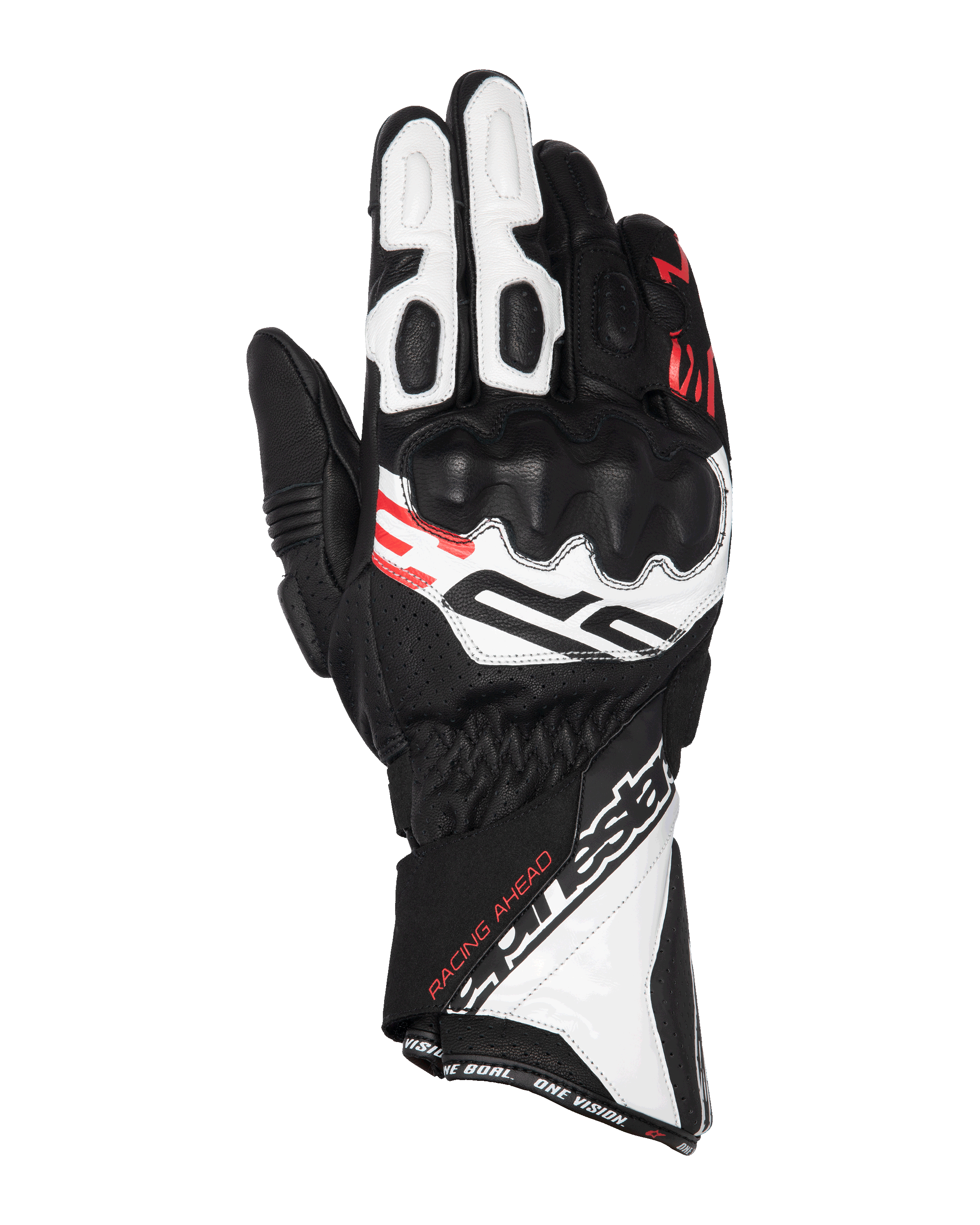 Alpinestars SP-3 Gloves, Motorcycle Racing Gloves, Black White and Red Fluo, long cuff design with reinforced knuckle protection, perforated leather construction, featuring 'Racing Ahead' text and bold Alpinestars branding