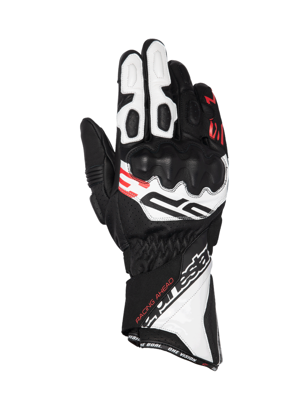 Alpinestars SP-3, wyścigowe rękawice z długim mankietem, czarno-białe z czerwonymi detalami, skórzane, ochrona kostek CE.