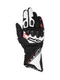 Alpinestars SP-3, wyścigowe rękawice z długim mankietem, czarno-białe z czerwonymi detalami, skórzane, ochrona kostek CE.
