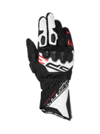Alpinestars SP-3, wyścigowe rękawice z długim mankietem, czarno-białe z czerwonymi detalami, skórzane, ochrona kostek CE.