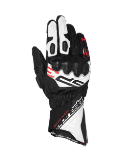 Alpinestars SP-3 long cuff road racing gloves, black, white, and red leather with CE certified knuckle protection.