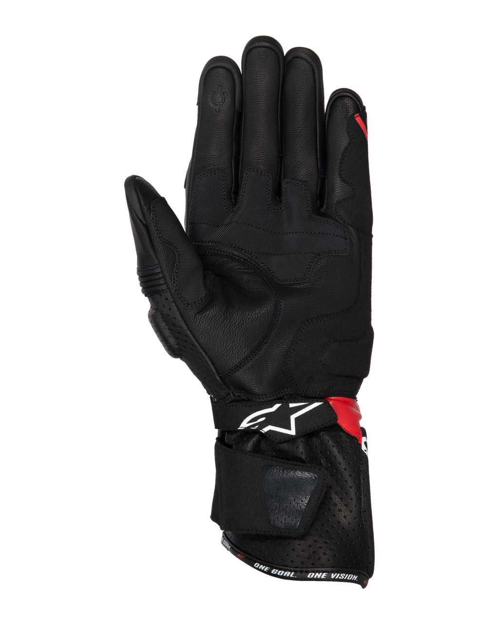 Rękawice Alpinestars SP-3, rękawice motocyklowe, czarne z jaskrawoczerwonymi i białymi akcentami, widok od strony dłoni ukazujący skórzaną konstrukcję ze wzmocnieniami chwytu, końcówka palca kompatybilna z ekranami dotykowymi, długi mankiet z białym logo i czerwonymi akcentami, sportowy i wyścigowy design