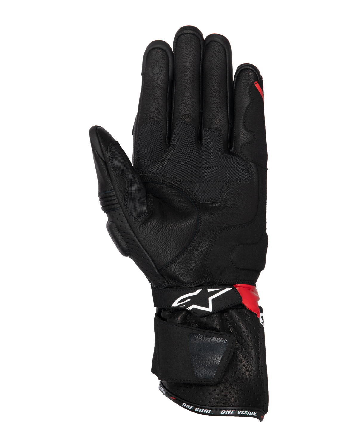 Rękawice Alpinestars SP-3, rękawice motocyklowe, czarne z jaskrawoczerwonymi i białymi akcentami, widok od strony dłoni ukazujący skórzaną konstrukcję ze wzmocnieniami chwytu, końcówka palca kompatybilna z ekranami dotykowymi, długi mankiet z białym logo i czerwonymi akcentami, sportowy i wyścigowy design