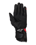 Rękawice Alpinestars SP-3, rękawice motocyklowe, czarne z jaskrawoczerwonymi i białymi akcentami, widok od strony dłoni ukazujący skórzaną konstrukcję ze wzmocnieniami chwytu, końcówka palca kompatybilna z ekranami dotykowymi, długi mankiet z białym logo i czerwonymi akcentami, sportowy i wyścigowy design