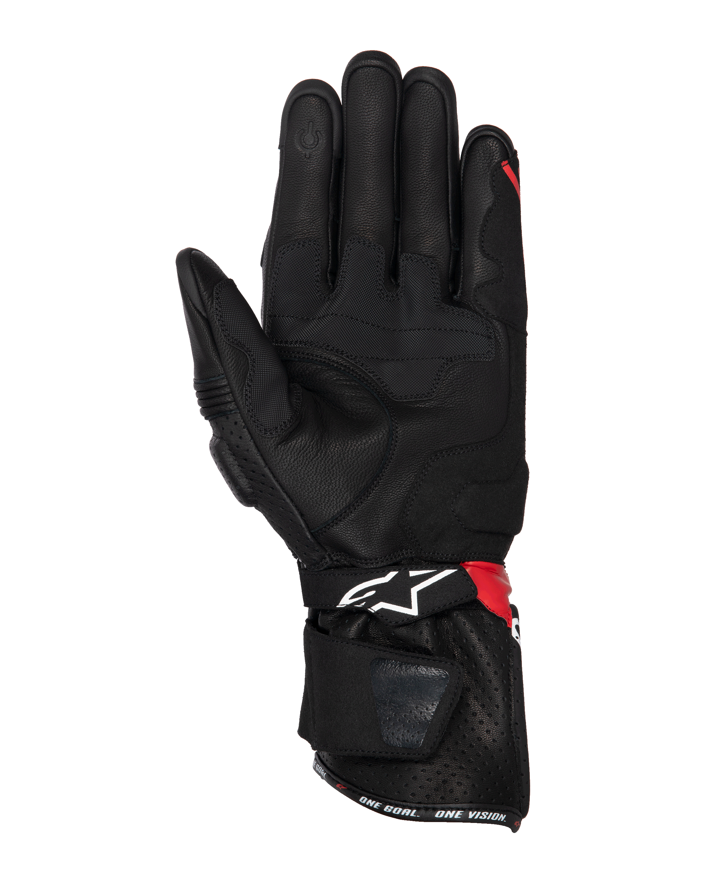 Rękawice Alpinestars SP-3, rękawice motocyklowe, czarne z jaskrawoczerwonymi i białymi akcentami, widok od strony dłoni ukazujący skórzaną konstrukcję ze wzmocnieniami chwytu, końcówka palca kompatybilna z ekranami dotykowymi, długi mankiet z białym logo i czerwonymi akcentami, sportowy i wyścigowy design