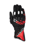 Alpinestars SP-3 Gloves, men's motorcycle racing gloves, black, red, and white leather, long cuff with knuckle protection.