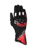 Alpinestars SP-3 Gloves, men's motorcycle racing gloves, black, red, and white leather, long cuff with knuckle protection.