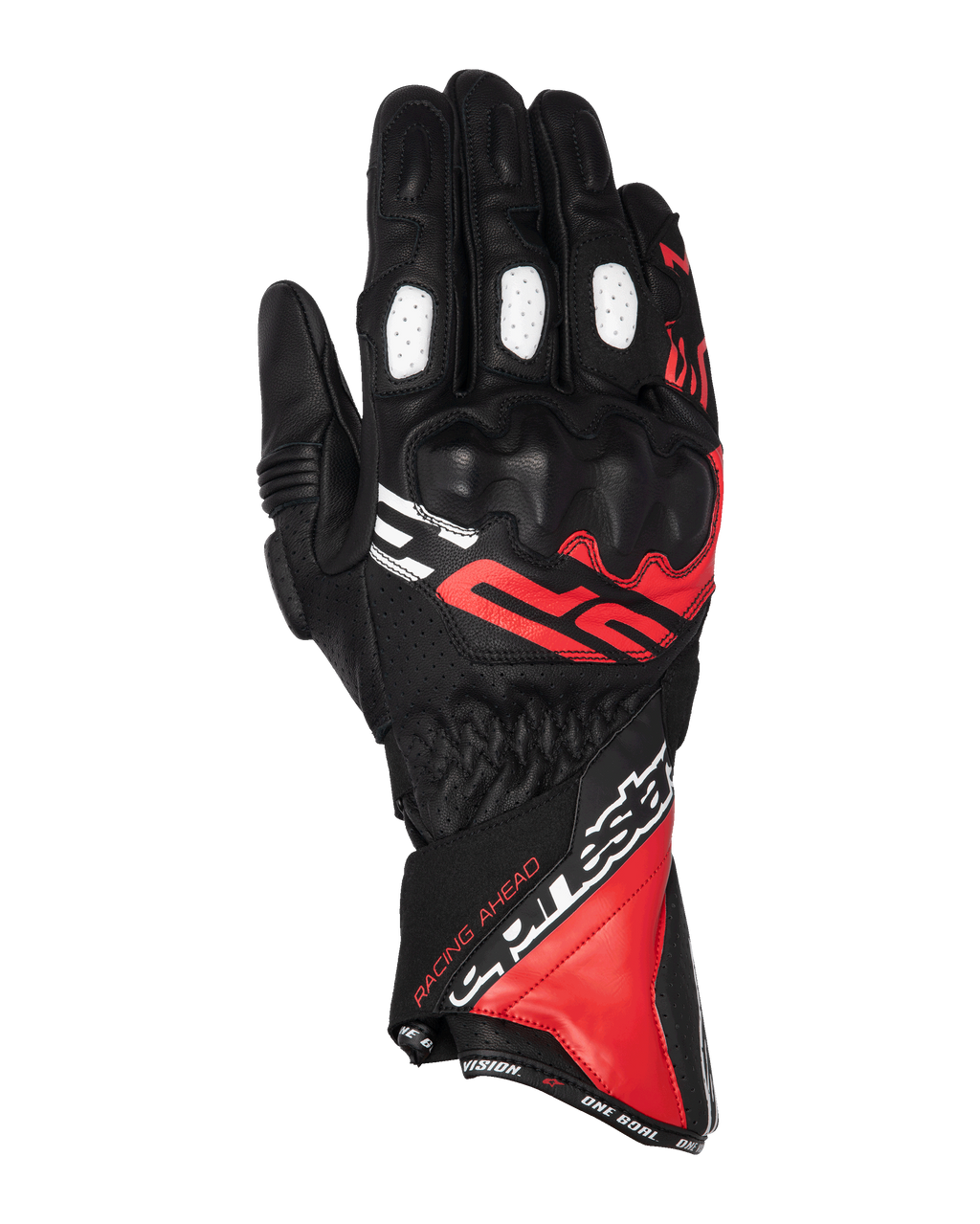 Rękawice Alpinestars SP-3, wyścigowe rękawice motocyklowe z długim mankietem, czarne z jaskrawoczerwonymi i białymi akcentami, ochrona kostek pokryta PU, białe perforowane panele na palcach, sportowy design z wyrazistym logo, wytrzymała konstrukcja z koziej skóry