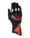 Rękawice Alpinestars SP-3, wyścigowe rękawice motocyklowe z długim mankietem, czarne z jaskrawoczerwonymi i białymi akcentami, ochrona kostek pokryta PU, białe perforowane panele na palcach, sportowy design z wyrazistym logo, wytrzymała konstrukcja z koziej skóry